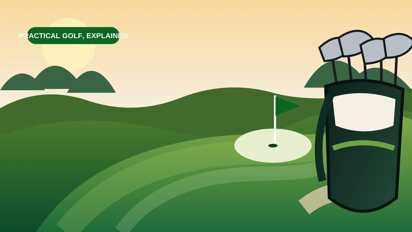 Stylized golf course at sunrise with a golf bag near the fairway